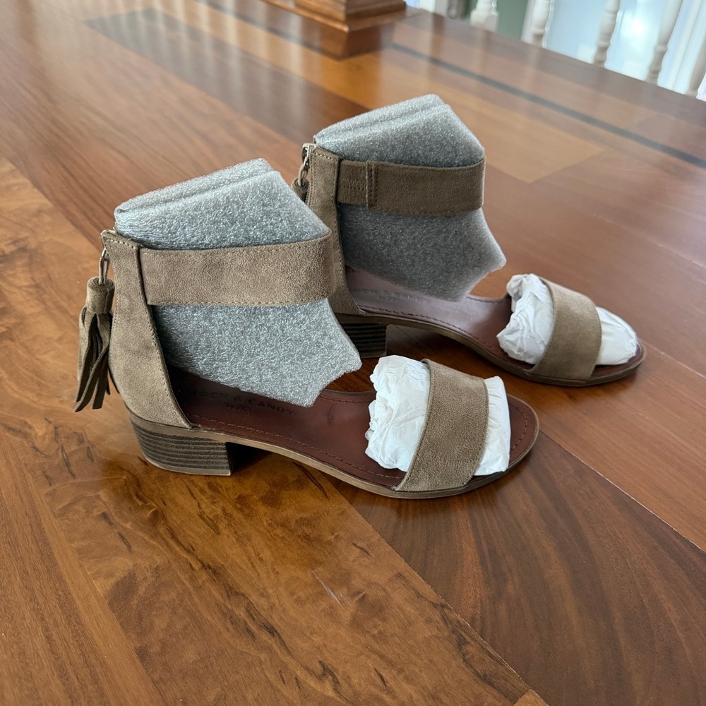 Women’s Taupe Suede Ankle Strap Sandals with tassels